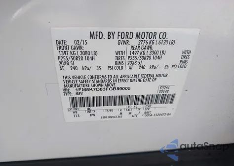 2015 Ford Explorer Xlt from USA, damaged, VIN 1FM5K7D83FGB89005